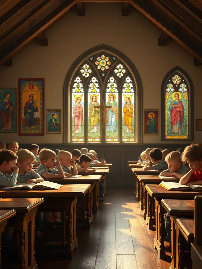 A photograph of children participating in a heritage education workshop, learning about the history and significance of the church.