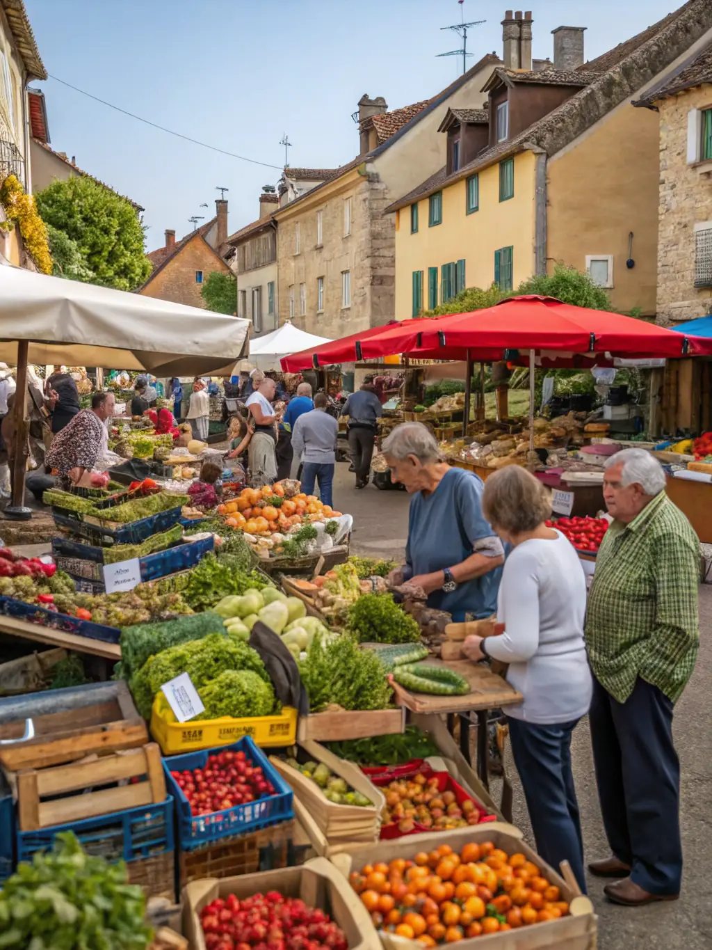 A vibrant image of a local festival held in front of the church, with musicians, artisans, and visitors enjoying the event. The atmosphere should be lively and celebratory.
