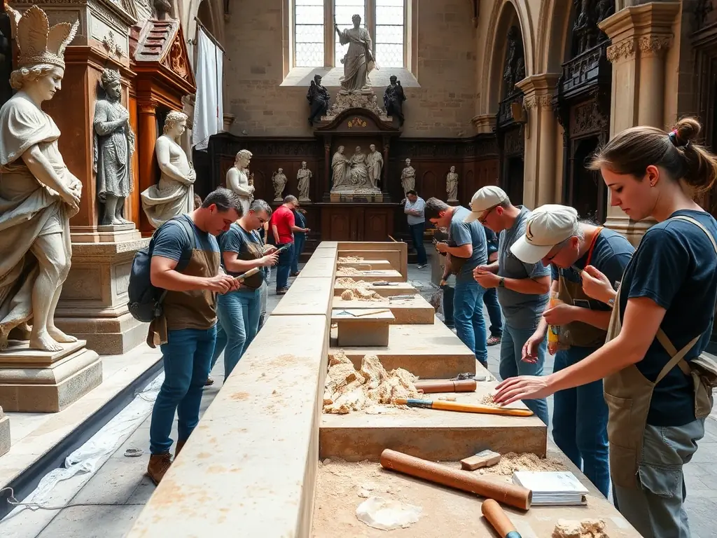 A photograph showcasing volunteers meticulously restoring a section of the church's ancient stone wall, highlighting the dedication and precision involved in preserving the historical structure.