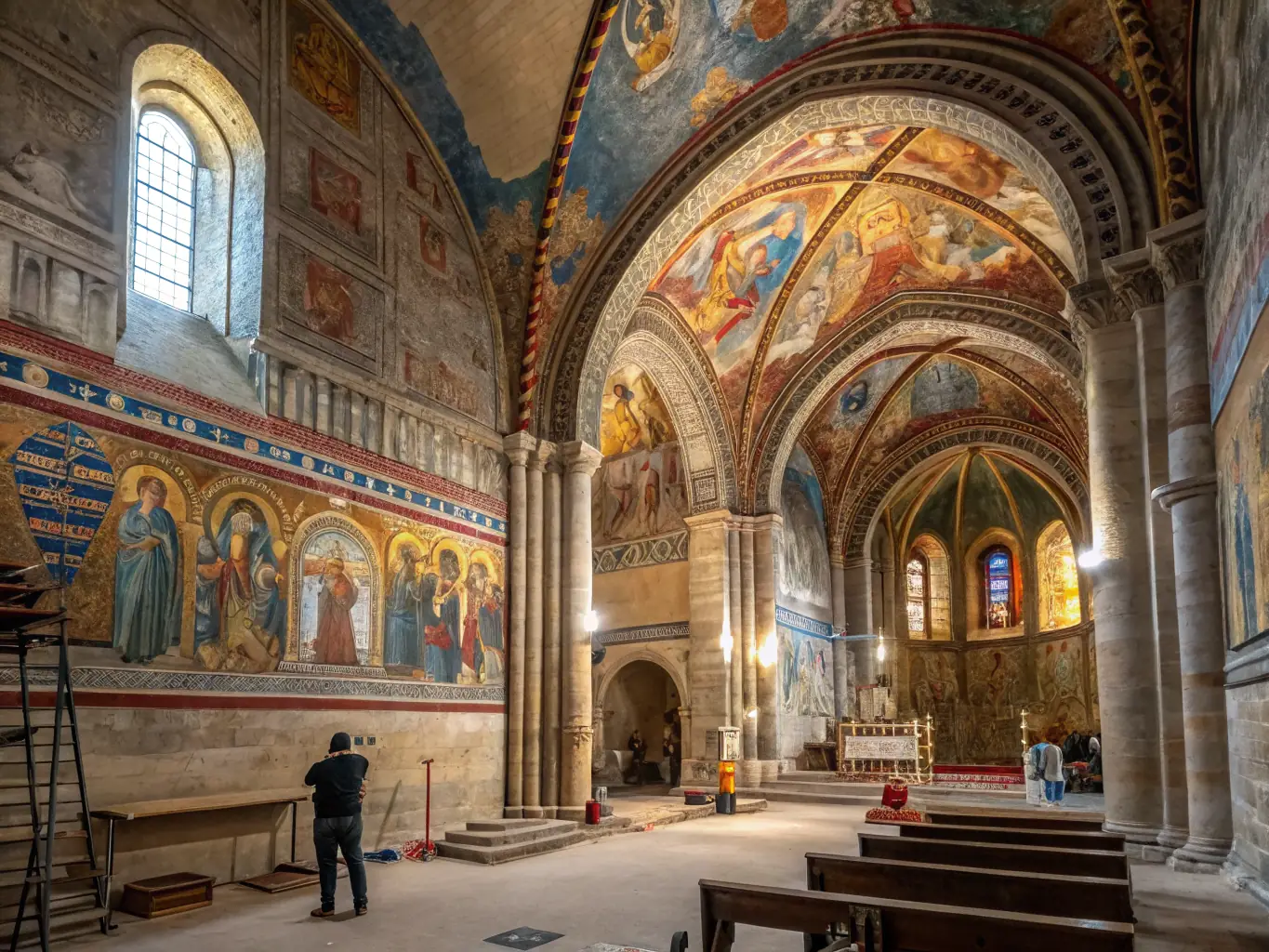 A detailed photograph showcasing the meticulous restoration work being done on a fresco inside the Église du Falgoux, with restorers carefully applying paint.