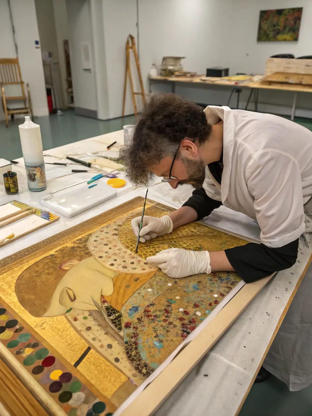A high-resolution image of artisans carefully restoring a fresco inside the church, highlighting detailed craftsmanship and conservation efforts. The image should convey dedication and precision.