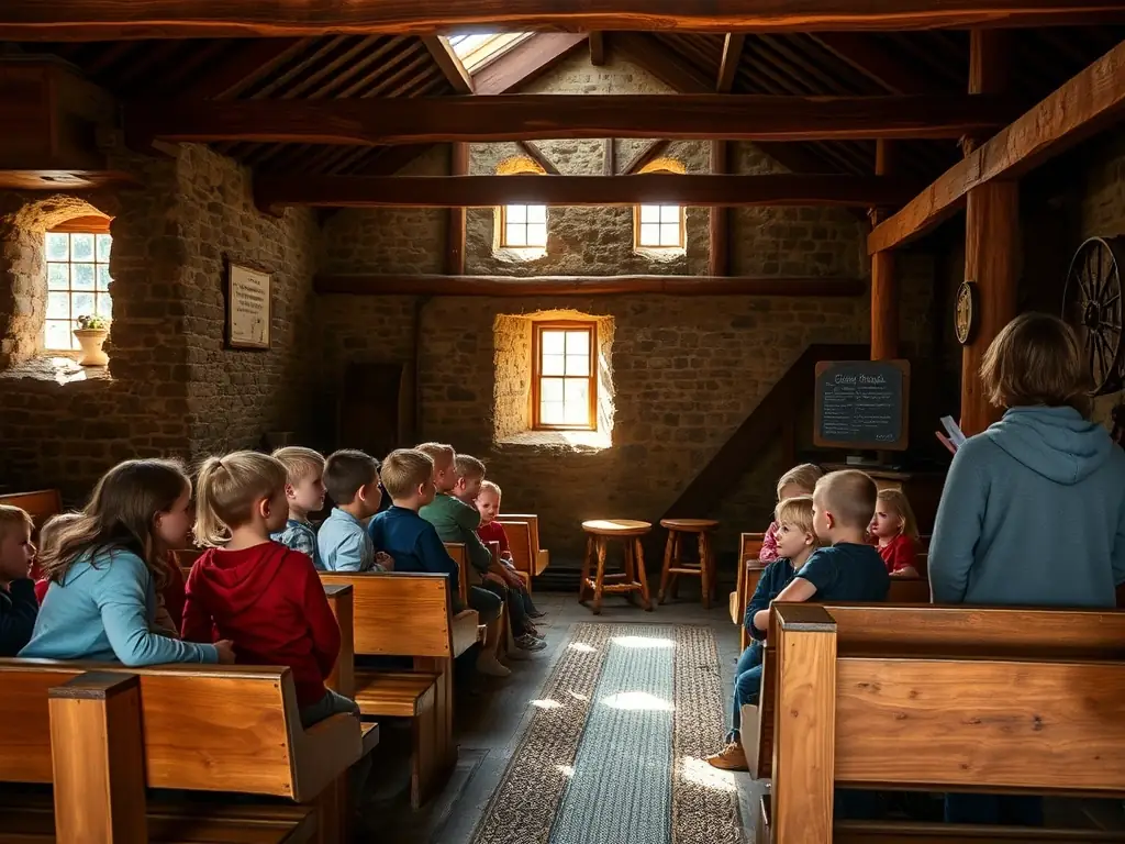 A photograph of a group of students participating in an educational workshop inside the Église du Falgoux, learning about the church's history and art.