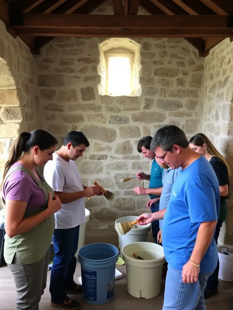 A photograph capturing volunteers cleaning and restoring a section of the church's interior, showcasing their dedication and teamwork.