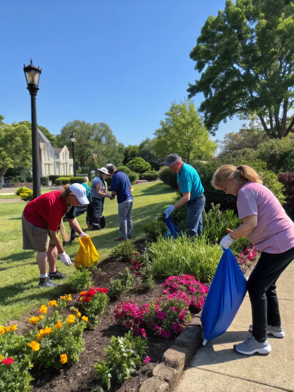 A photograph showcasing volunteers working together to clean and maintain the church grounds, emphasizing community involvement and dedication to preserving the church's environment.