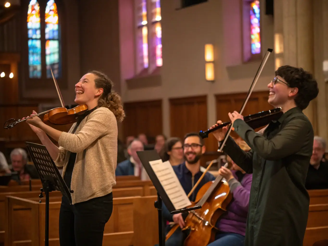 A vibrant image capturing a local music performance inside the Église du Falgoux, with attendees enjoying the cultural event.