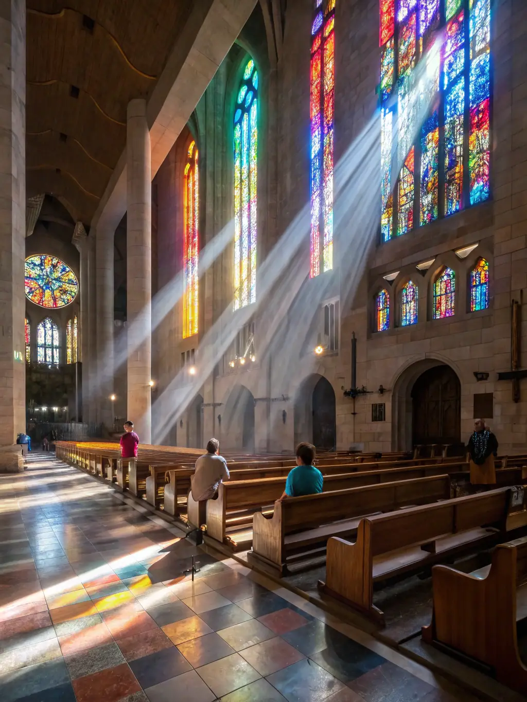 An image of a group of visitors participating in a guided tour inside the church, with a knowledgeable guide explaining historical details. The scene should be engaging and informative.
